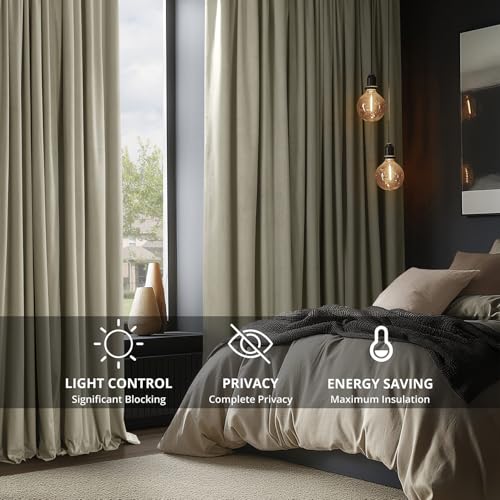 HPD Half Price Drapes Signature Velvet Thermal Blackout Curtains for Living Room 84 Inch Long (1 Panel) Rod Pocket Insulated Blackout Curtains for Bedroom Window Curtains, 50W x 84L, Cool Beige