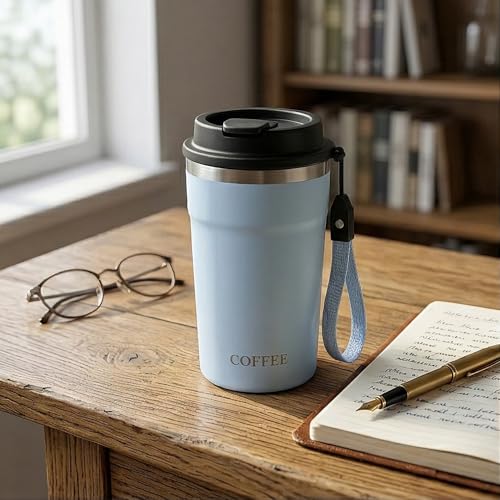 Image of Travel Coffee Tumbler with Lanyard - Insulated Stainless Steel Mug, Leak-Proof, Keeps Hot 6H & Cold 8H - Blue, 400 ML