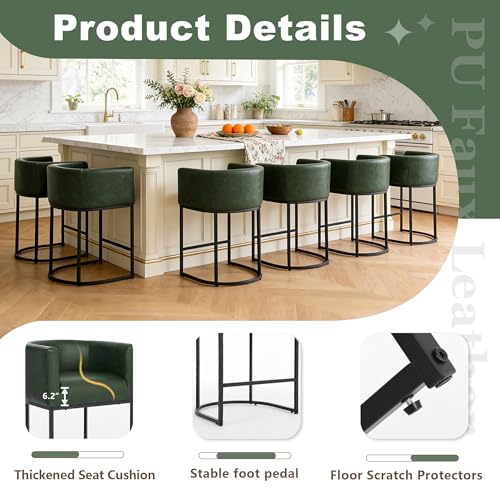 Image of 26 inch Counter Height Bar Stools Set of 3, Faux Leather Upholstered Barrel Chairs with Back and Arms, Metal Frame Kitchen Island Stools with Footrest, Forest Green