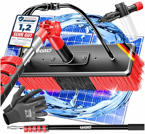 MASKO® Teleskop Waschbürste mit Wasseranschluss 7,2m Reinigungsbürste mit Teleskopstiel Ausziehbar | Teleskopbesen | Fenster & PV-Anlagen-Reinigung | Weiche Borsten Inkl. Seifenspender & Handschuhe