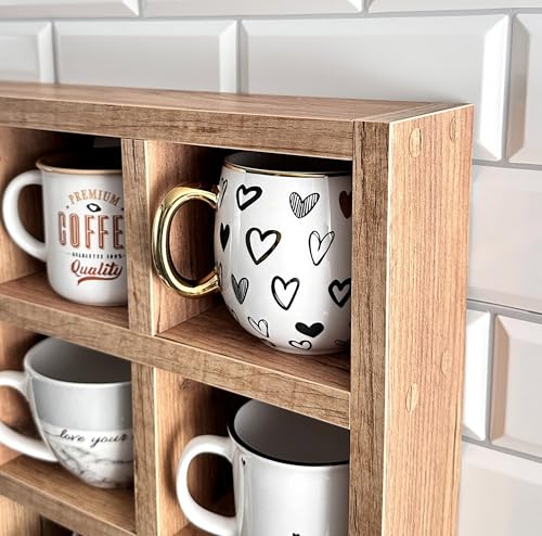 Image of Hamdan Collection Wall Mounted Mug Shelf - Coffee Cup Storage - Kitchen Wall Rack - Floating Cup Organizer - Rustic Coffee Bar Shelf (9 Comp)