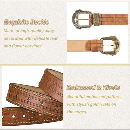 Western-Leather-Belts for Women Turquoise-Oval-Buckle Embossed Cowgirl Belt for Jeans Pants (Fit for 28-38" Waist)4