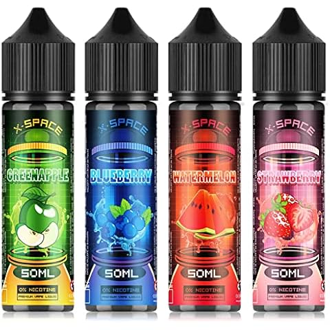 X-SPACE E Liquid Ohne Nikotin, 4x50ml Shortfill Früchte E Zigarette Liquid, 70VG/30PG Vape Liquid Aromen, E Liquid Set für Alle E Zigarette Cover