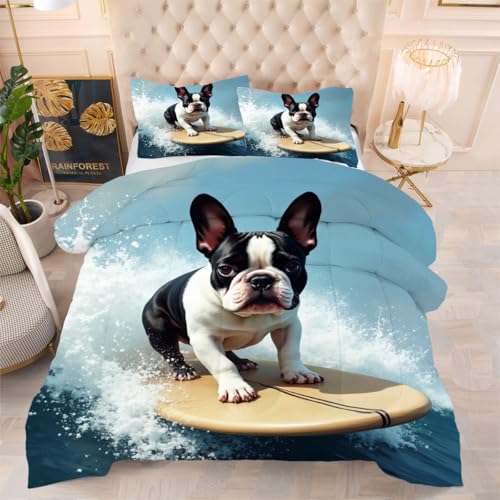 Couette 240 x 260 cm Bouledogue Surfeur légère et lavable en machine avec taies