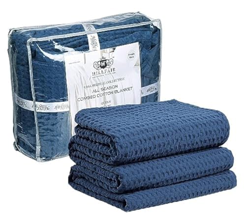HILLFAIR 100% Cotton Blanket- 120" x 120" XXL Oversized King Bed Blankets - Family Size 10 ft x 10 ft Big - Soft Breathable Waffle Blankets for Bed - Extra Large King Cotton Blanket - Blue