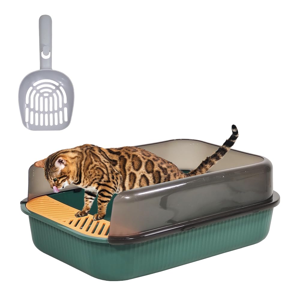 KAKEICat litter box cat toilet with litter scoop, High fence semi closed cat litter basin for medium large cats, Prevents urine and litter leakage, Detachable, (Green Color) 35 cm L