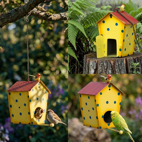 Image of Kraftskala Metal Bird House Nest for Outdoor Garden Hanging Decor | Weather Resistant Bird Nest Box with Hook Chain for Sparrow Budgies Finches Love Birds | Home Balcony Showpiece
