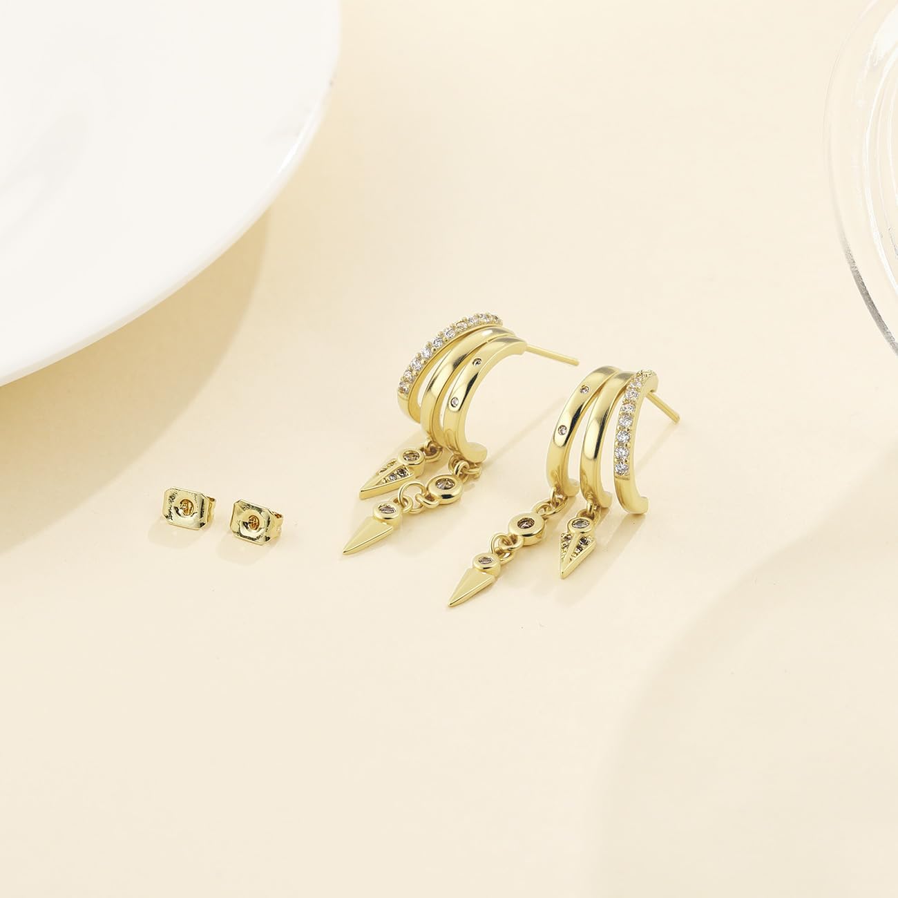 Emibele Huggie Dangle Earrings for Women, Non Tarnish Triple Hoop Drop Earrings with Cubic Zirconia, Trendy Hypoallergenic Long Chain Huggie Earrings Fashion Jewelry Gifts - Image 6