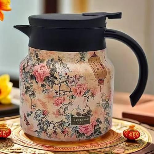 Vintage Floral Pattern Teapot,Teapot with Strainers for Loose Tea,Stainless Steel Insulated Coffee and Tea Pot,Thermal Tea Pot,Thermal Coffee Carafe Jugs