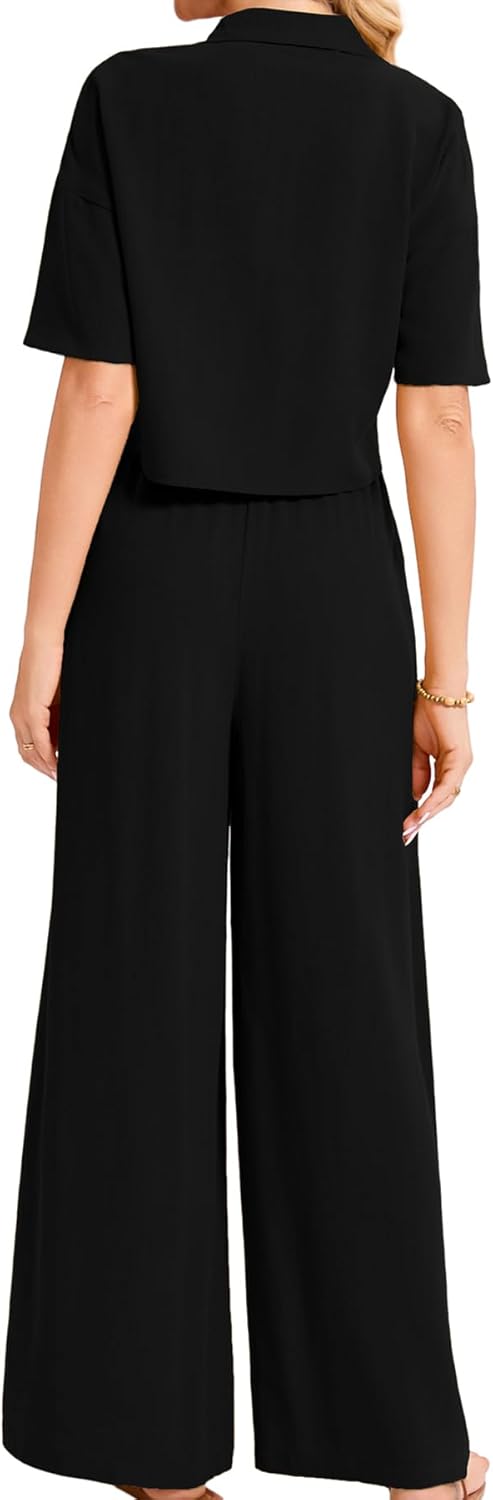 Women's Linen 2 Piece Sets Summer Business Casual Outfits Short Sleeve Shirt and Wide Leg Pants Suits Matching Sets - Image 6