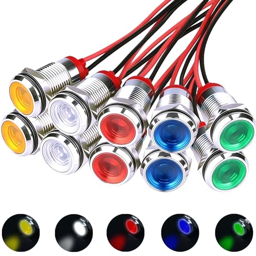 Joycabin 10 Stück 10mm LED Metall Anzeigelampe mit 15cm Kabel, Wasserdichte Signallampe AC/DC 12-24V LED Kontrollleuchte Set für Motorräder, Lieferwagen, Boote, Autos (Gelb, Grün, Blau, Rot, Weiß)