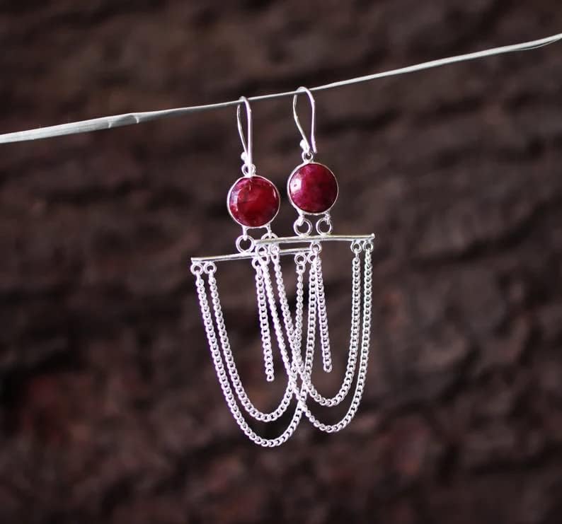 Ruby Earrings, 925 Sterling Silver, Bohemian Jewelry, Chain Dangle Earrings, Handmade Statement Earrings, Earrings For her, Party Wear Jewelry, Trending Drop Dangle Earrings, Gift for her