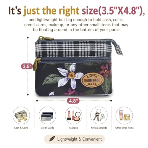 Image of Women Small Zipper Coin Purse, Handmade Fabric Flower Embroidered Change Pouch, Cotton Double Zipper Wallet