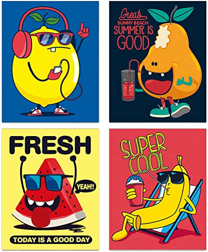 Kitchen Wall Decor, Fun Fruit Wall Art, Lemon Watermelon Fruit Drink Creative Canvas Art Prints For Children's Room Kindergarten Kitchen Dining Room Wall Decoration, Set Of 4 -(8"X 10" Unframed ) #TOP10