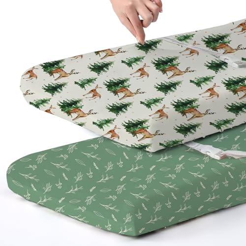 Image of BROLEX Changing Pad Covers for Baby: Boy Girls Ultra Stretchy Soft 2 Pack,Sika Deer Foliage