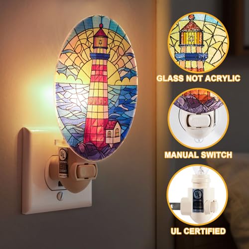 Image of Lighthouse Stained Glass Styled Night Light Plug in - Made with Real Glass, Bulb Included, On /Off Switch - Nautical Beach Theme Bathroom, or Beach House Accent Light Dawn Blue