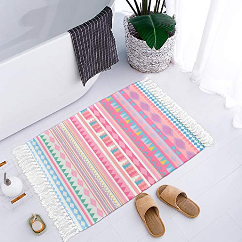 Lacomfy 2Pc Cotton Area Rug Sets Pink Boho Printed Tassels Door Mat 2'X3'+2'X4.3' Hand Woven Outdoor Runner Rugs Washable Braided Rug For Kitchen Entryway Bathroom Laundry Room #TOP3