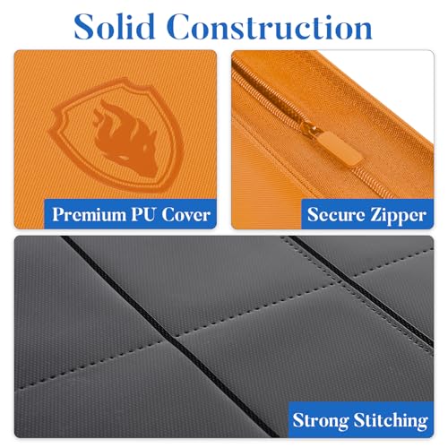 Image of Premium Zip Card Binder, Fabmaker 9 Pocket Trading Card Binder, PU Cover Zipper Card Collection Album, Sturdy 360 Side-Loading Card Folder Holder for Game & Sports Cards, Orange