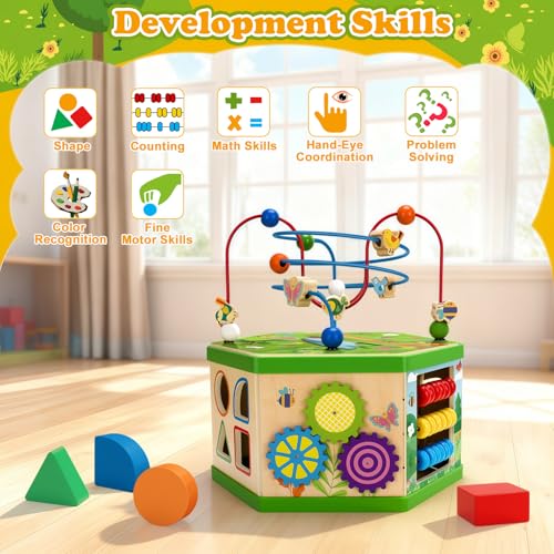 Image of Wooden Activity Cube for 1 Year old, 12-18 Month Boys & Girls, 7-in-1 STEM Montessori Early Developmental Learning Toys for Kids Aged 1-2, Ideal 1st Birthday Gift Toys for Baby, Toddlers (Green)
