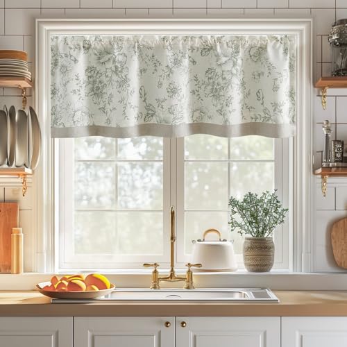 Rustic Floral Valance for Kitchen and Living Room - Green Flower on Beige - 18 Inch Panel