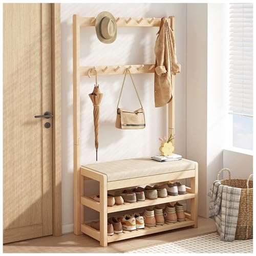 Banco de almacenamiento para entrada con perchero y almacenamiento de zapatos, color marrón rústico 3 en 1, diseño de madera con aspecto de madera, muebles decorativos de 64 x 31 cm de largo x 31 cm