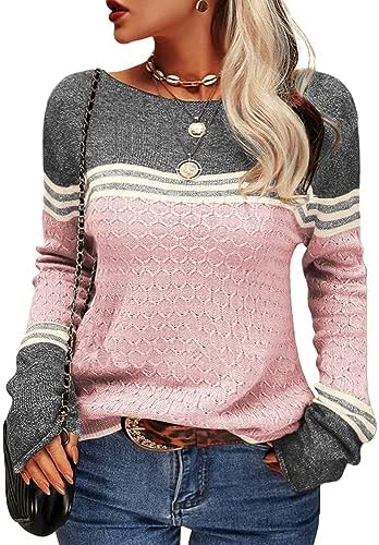 Tankaneo Damen Pullover Colorblock Langarm Rundhals Strickpullover | Langarmshirts,Häkelpullover,Gestreift,Slim Fit,Strickwaren,Tops,Casual,Sweatshirt,Obertiele,longpullover