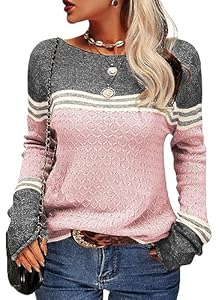 Tankaneo Damen Pullover Colorblock Langarm Rundhals Strickpullover Gestreift Slim Fit Strickwaren Tops