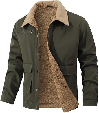 HYPESTFIT Mens Winter Jackets Sherpa Fleece Lined Warm Cargo Trucker Coat Multi Pocket