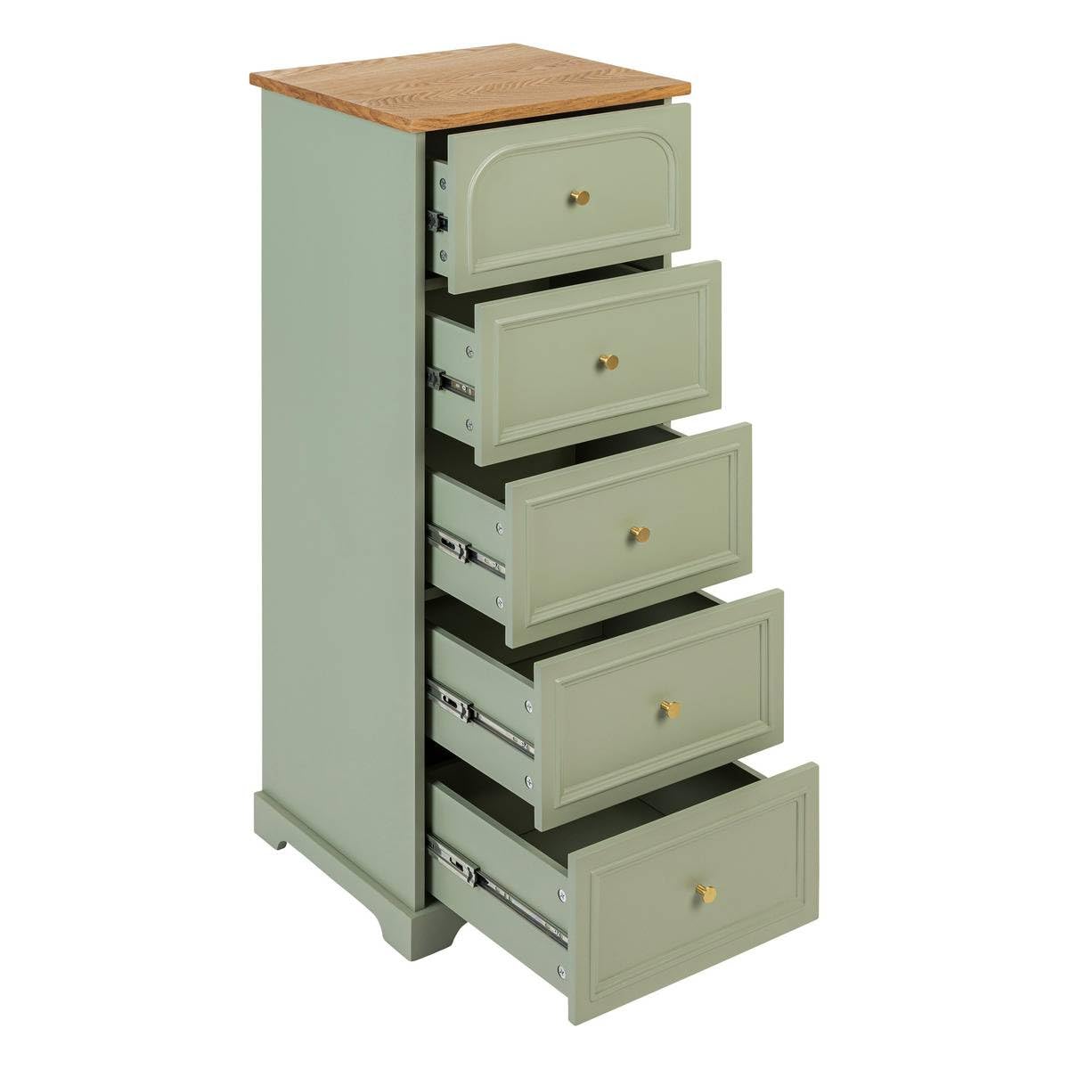 Atmosphera - Cassettiera Mohea a 5 cassetti, Verde Celadon e Legno, L 45 x H 113 cm - Mobile Contenitore per Camera da Letto, Soggiorno, corridoio