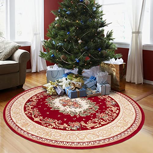 HiiARug Round Area Rugs 4ft Vintage Medallion Red Round Area Rug Noble Red Floral Traditional Area Rug Stain Fade Resistant Transitional Floor Carpet for Living Dining Room Bedroom (Round 4', Red)