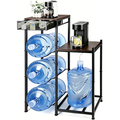 CAROD 5 Gallon Water Jug Holder, Water Storage Rack Water Dispenser Stand With Wood Tabletop Shelf, 5 Gal Water Bottle Holder Water Cooler Jug Rack with 2 Wood Storage Shelves