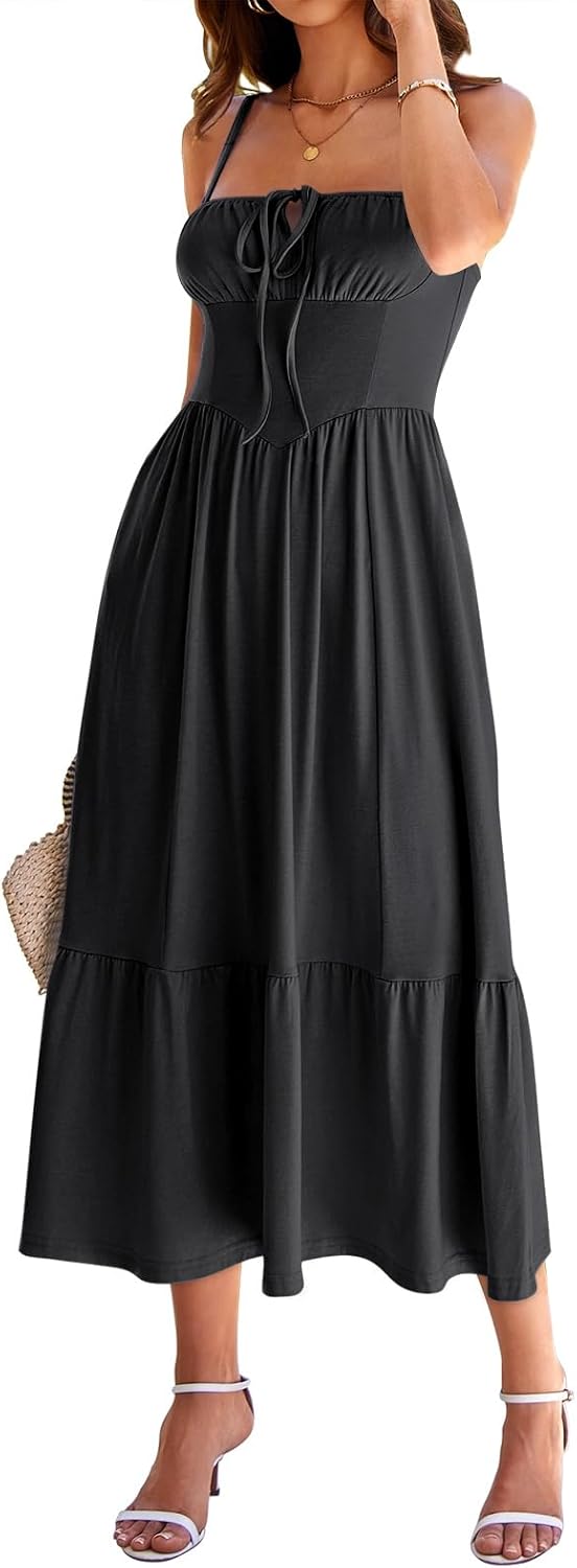 Women's Casual Beach Vacation Dress with Pockets Flowy Aline Tiered Spaghetti Strap Lace Up Corset Midi Sundress for Summer