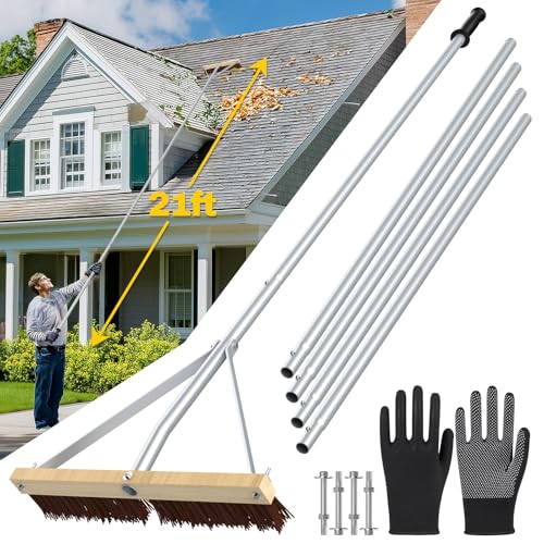 Hermsche Leaf Roof Brush with Gloves, 5-21ft Adjustable Roof Rake for Leaves Removal, Lightweight Roof Cleaning Brush with Extension Aluminum Poles for Shingles, Corrugated Roof, Solar Panels