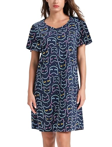 Image of ENJOYNIGHT Womens Cotton Nightgown Short Sleeve Sleepshirt Print Nightshirt | Short-Sleeve Crew Neck, Soft Cotton Fabric, Cartoon Printed Sleep Shirt, Loose Fit