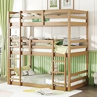 VilroCaz Modern Twin Over Twin Over Twin Triple Bunk Bed, Rubber Wood Detachable Triple Twin Bunk Bed Frame, 3-in-1 Bunk Beds with Ladder and Guardrails for Kids Girls Boys Teens Adults (Oak Wood-in)