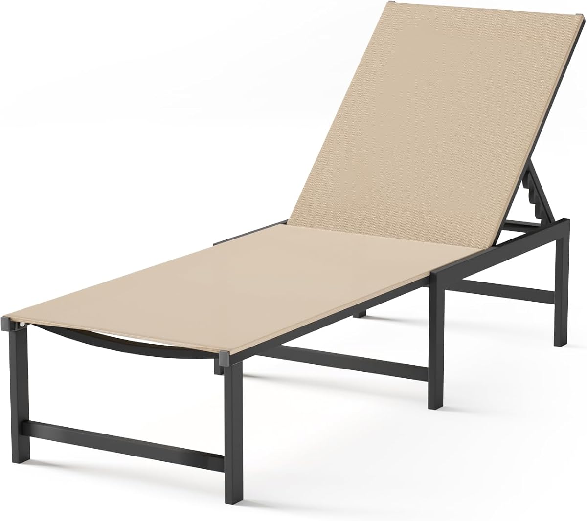 Aluminum Outdoor Chaise Lounge, 5-Position Textilene Chair, Khaki | Rust-proof aluminum frame; UV quick-dry Textilene mesh; 5-position recliner; supports 400 lbs, built-in armrests