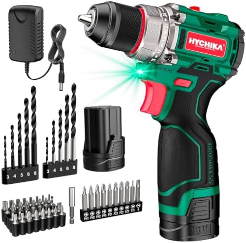 HYCHIKA Drill Set, True Brushless Power Drill Driver 16.8V Cordless Compact Drill Woman Man,410 IN-LB, LED Light,2 Variable Speed 23+1 Torque 3/8