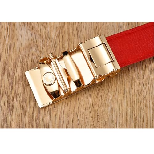Mens Ratchet Belt, Adjustable Cowhide Belt for Men with Gold Pattern Alloy Decorative Automatic Buckle,Red a,130CM/51.2''3