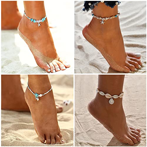 Ifkm 11Pcs Woven Silver Beach Anklets For Women Girls Adjustable Handmade Surfer Wave Ankle Bracelets Set Beads Starfish Shell Turtle Conch Boho Ankle Foot Jewelry For Summer #TOP2