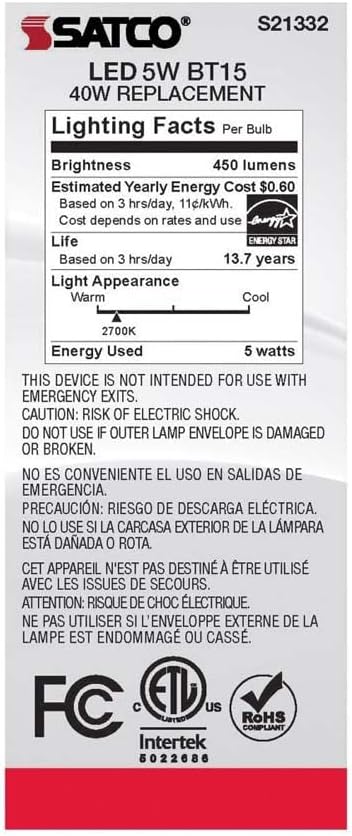 Satco 6Pk 5w BT15 LED 2700K Medium Base White Dimmable - 40w equiv