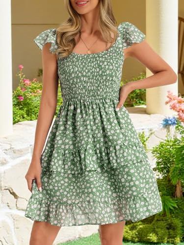 Image of Women Summer Dresses Casual Boho Smocked Ruffle Sun Beach Babydoll Mini Dress Layered Flowy Swing Dress