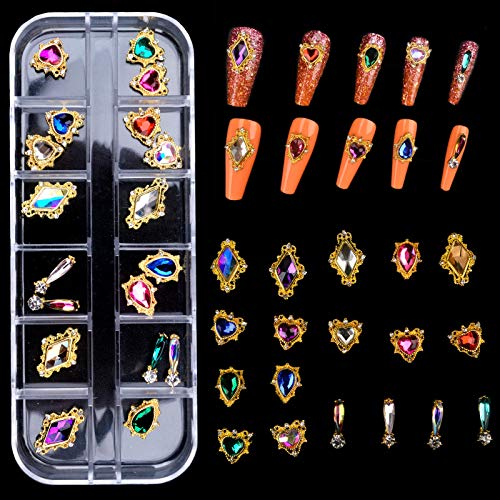 editTime Charms Metal Alloy Gold 3D Nail Art Heart Drop Big Rhinestone Crystal Diamonds Nail Studs Manicure Jewelry for Crafts DIY Nail Art Tip (Gold)