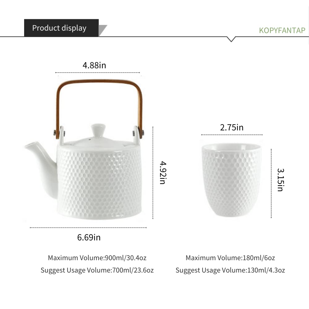 Juego de Tetera y Tazas,Tetera y 4 Tazas de Cerámica,Juego de té Moderno con Diseño Estampado en Relieve Perfecto para Los Amantes del Té y las Familiares,Blanco,900ml