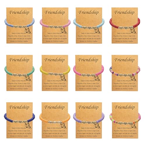 12 Pcs Friendship Bracelets for Girls Adjustable Colorful Heart Beaded Bracelets with Thank You Wish Cards  Party Bag Fillers for Women