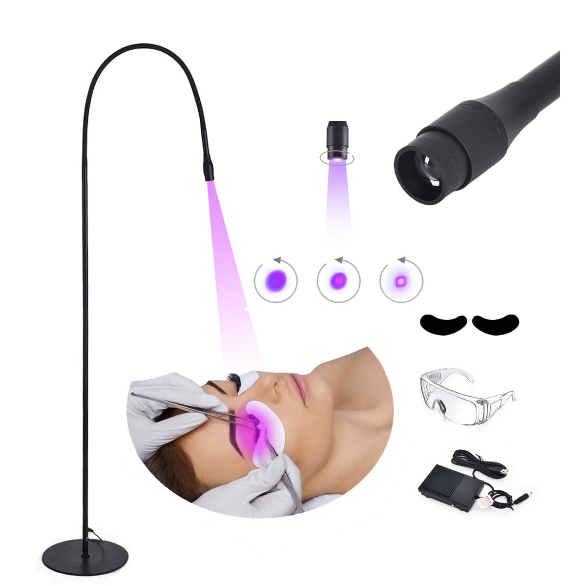 UV-Licht für lichthärtenden UV-Wimpernverlängerungskleber, UV-LED-Wimpernverlängerungslicht + Augenklappe + Schutzbrille + Fußschalter,Einstellbare Punktgröße,10 W flexibler Schwanenhals,Black