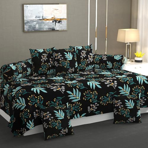 Image of Cotton 8 Piece Diwan Set 1 Bed Sheet 2 Bolster Cover 5 pcs Cushion Cover (Black)