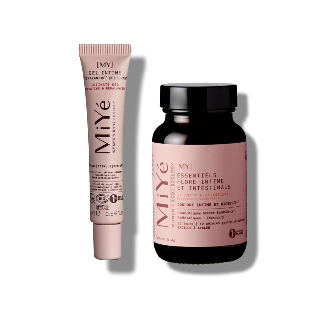 Pack probiotiques flore intime + Gel intime hydratant enrichi en acide hyaluronique & postbiotiques | Hydrate & rééquilibre le pH physiologique et la flore intime | MiYé