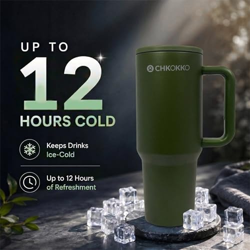Image of CHKOKKO Stainless Steel Tumbler with Straw & Side Handle 1200ML Leak-Proof Travel Mug | Hot and Cold Double Insulated 1.2L Premium Water Bottle for Travel Gym & Office Use