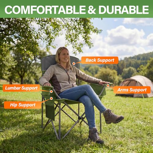CAMPHILL Oversized Camping Chairs 2 Pack - Heavy Duty 400LBS Padded Lawn Chair with Cooler Bag,Cup Holder,Side Pocket,Collapsible for Outdoor,Camp,Fishing & Garden,Olive Green - Image 4