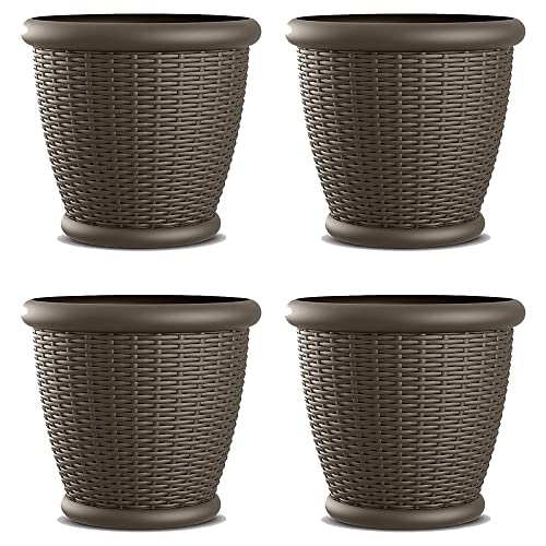 Suncast 4 Pack Wicker Planter w/ Drillable Drain Holes, Decorative Indoor/Outdoor Pot, 18in, Java - image 1